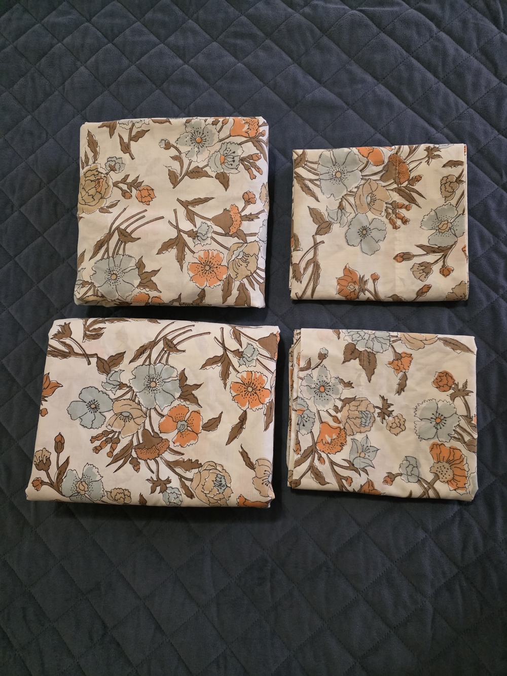 Vintage Full Floral Cotton Sheet Set in Cream, Orange & Light Blue